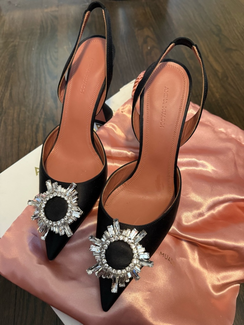 Amina Muaddi Begum Black Satin Slingback Pumps with Crystal Sunburst